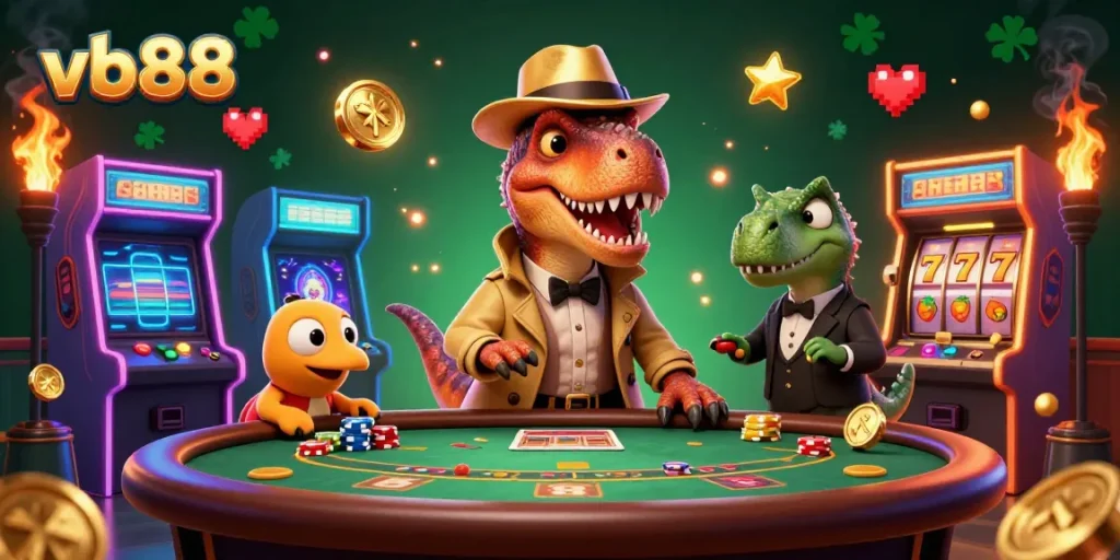 Engage with vb88 at a dynamic casino scene featuring cartoon velociraptor card counters and colorful slots.