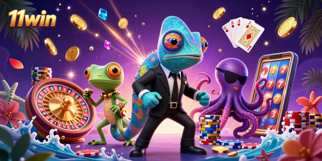 Colorful scene featuring 11win characters engaging with casino elements, showcasing vibrant gambling activity.