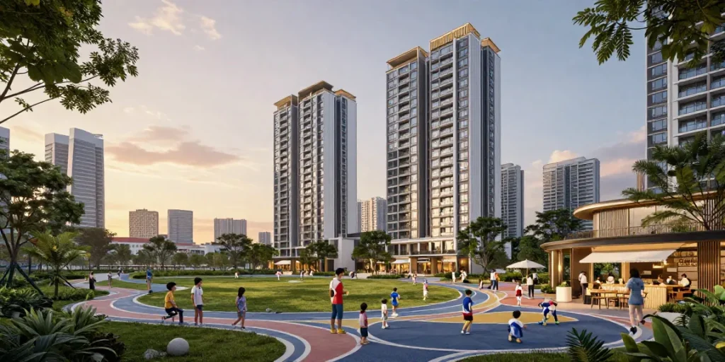 Tanjong Rhu Residences: Luxurious condominium with families enjoying community amenities in a scenic urban setting.