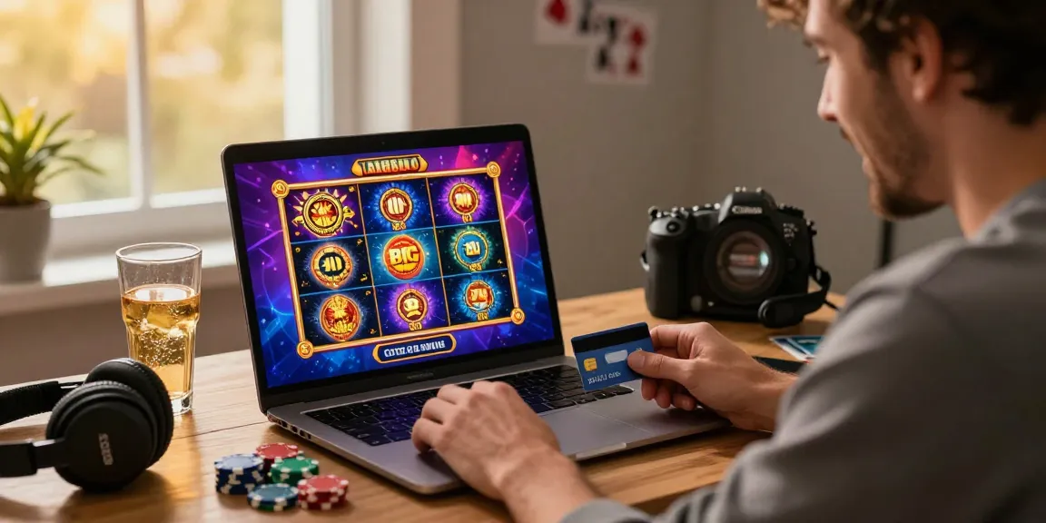 Engaged player exploring credit card casinos in a lively home office with popular slot games on the screen.