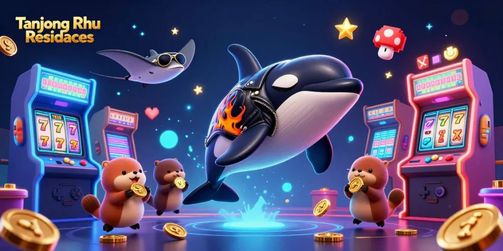 Tanjong Rhu Residences showcases a vibrant underwater casino scene with animated characters and gaming excitement.