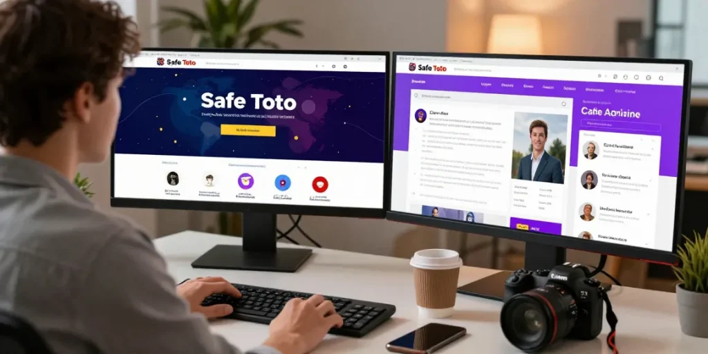 Person researching safe 토토사이트 on multiple screens focusing on user reviews and safety features.