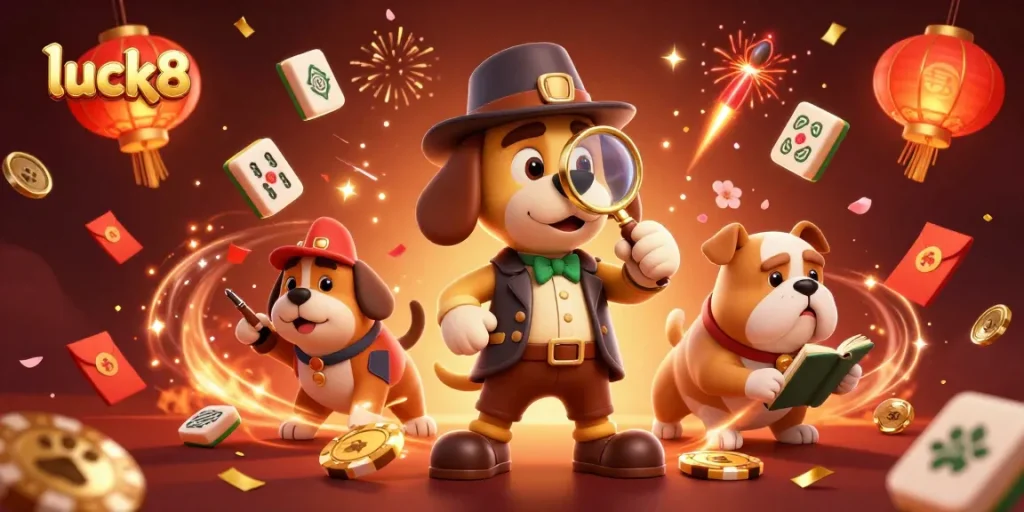 Engage luck8 players with an exciting poker investigation scene full of festive luck symbols.