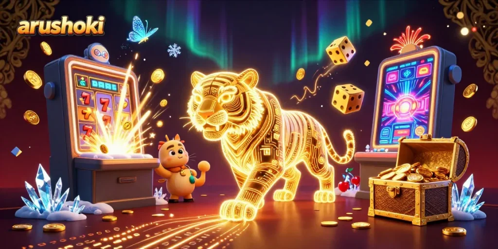 ARUSHOKI menampilkan singa emas bercahaya di kasino digital dengan simbol slot dan bagian jackpot yang ramai.