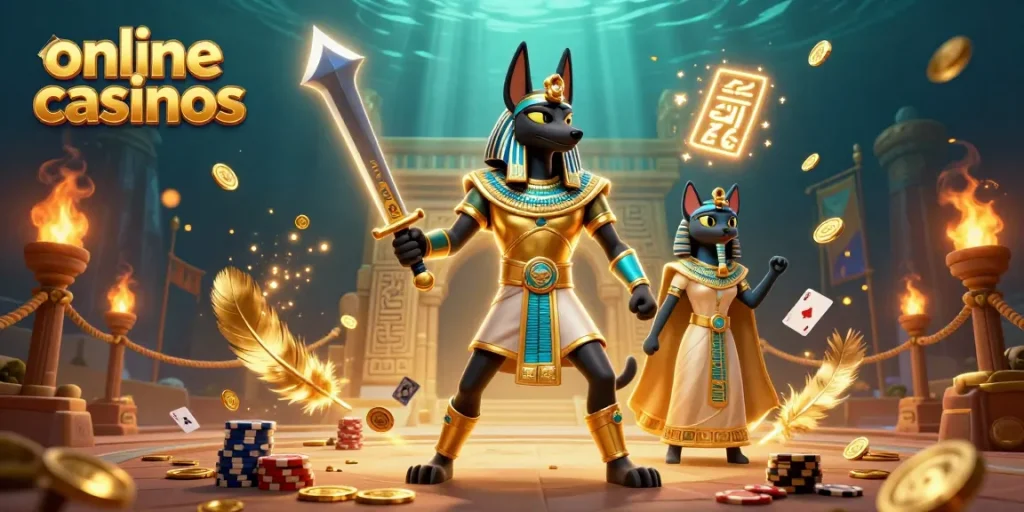 Engage in online casinos with Anubis and Bastet amidst a vibrant casino atmosphere.