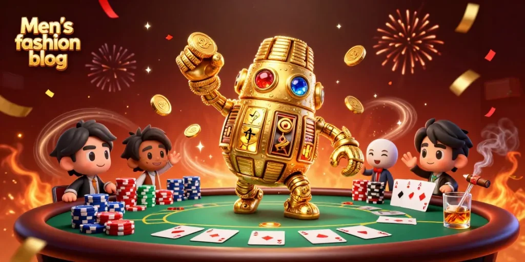 Engage with dynamic gaming action on the Men’s fashion blog featuring a golden golem amidst poker elements.