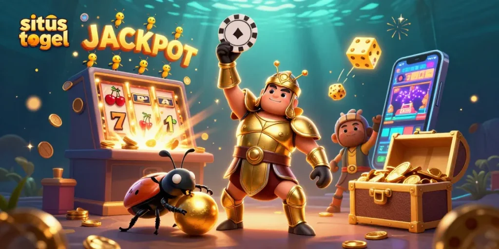 Situs togel champions celebrate winnings in a vibrant 3D casino scene filled with colorful game elements