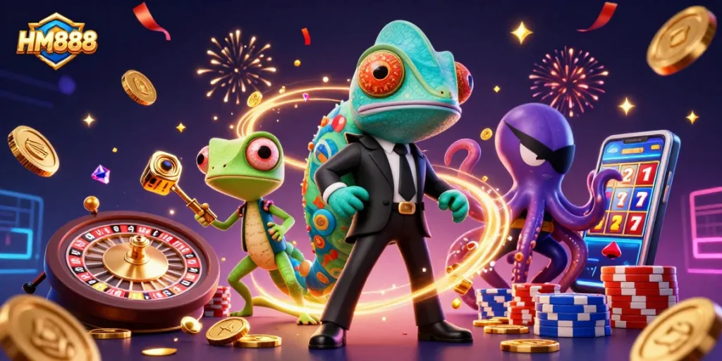 Experience the excitement of HM888 with a vibrant casino scene featuring fun characters and dynamic game elements.