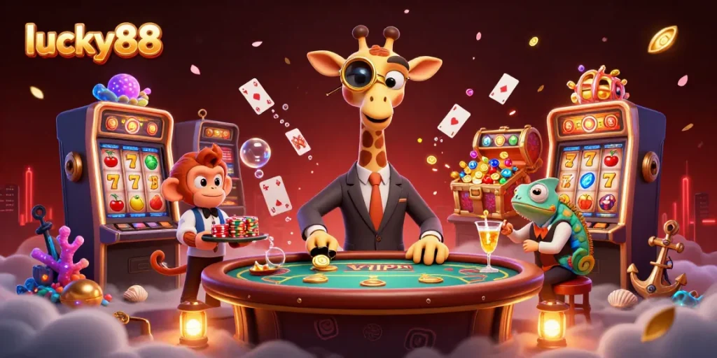 Experience exciting slot action with lucky88 in this vibrant 3D casino scene featuring characters and golden treasures.
