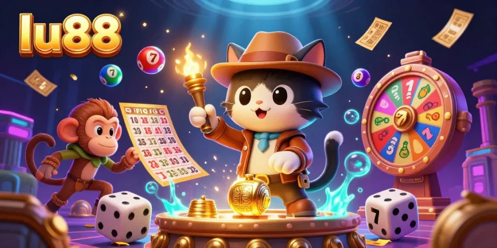 Experience thrilling casino excitement at lu88 with an adventurous archaeologist cat discovering treasure.