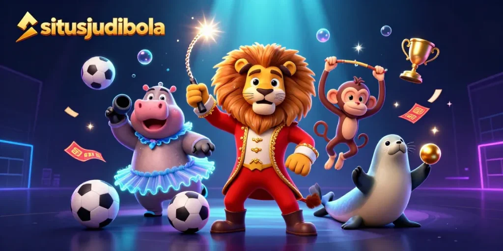 Experience the thrill of sports betting with situsjudibola, illustrated with engaging characters and colorful elements.