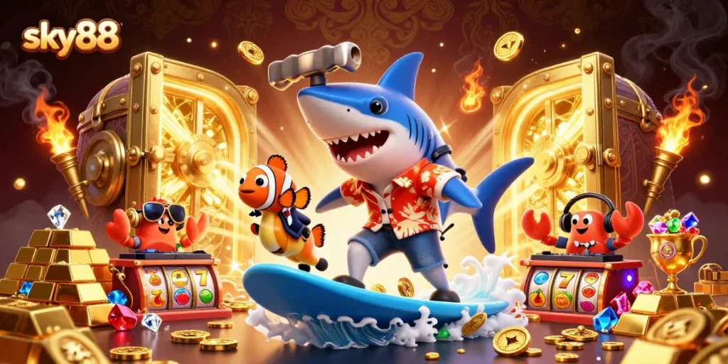Experience sky88 slot excitement with a vibrant 3D scene of characters and gold!